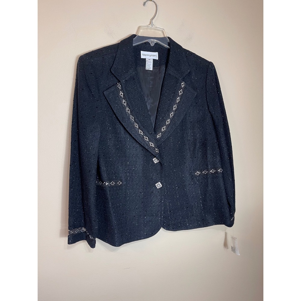 NEW‎ Bloomingdales Womens 18W Black Tweed Rhinestone Embellished Blazer Jacket